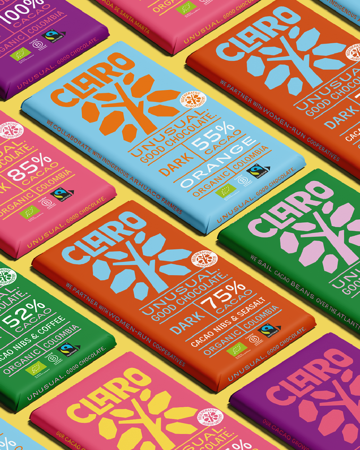 Kleurrijke CLARO fairtrade chocoladerepen uit Colombia